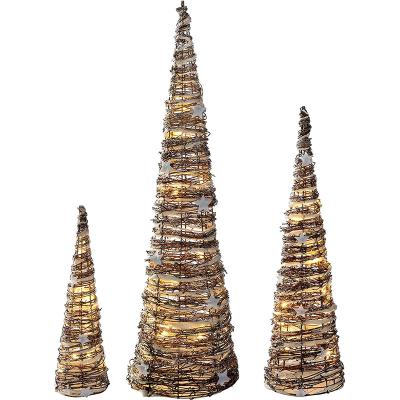 China Beautiful Set of 3 Lighted Gold Colored Glittered Christmas Cone Trees 32 Inches 24 Inches and 16 Inches Tall Battery Operated for sale