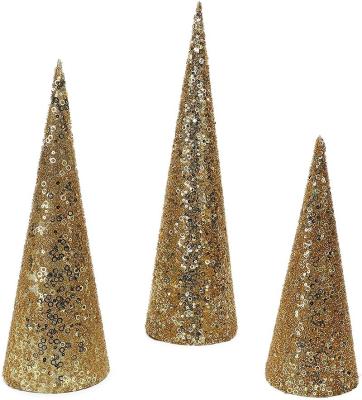 China Metal Glitter and Bead Set of 3 Various Size Christmas Cone Tree Decorations Glitter Beads for sale