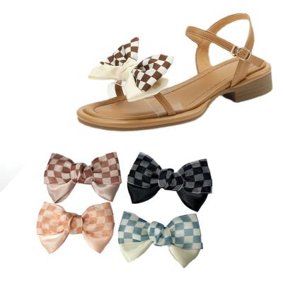 China Handmade Shoe Clips Fashion Plaid Ribbon Bowknot Shoe Clips On High Heels Women's Sandals Shoes Decoration Accessories for sale