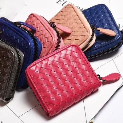 China Fashion Top Layer RFID Braided Leather Women's Sheep Short Zipper Credit Card Wallets for sale