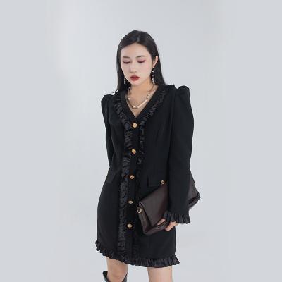 China Anfeiouna Best-Selling Lady V-neck Wrap Formal Sexy Black Anti-Static Dress Small Elegant [3202 OEM ODM] Short Solid Women Lace Up Black Dress for sale