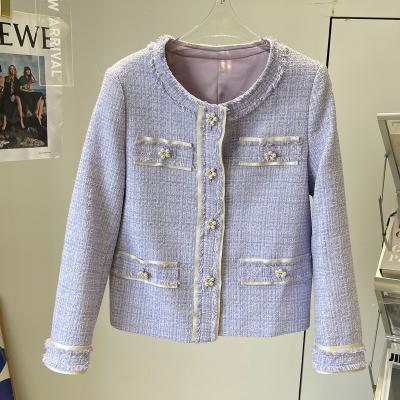 China Anti-wrinkle [6211 OEM ODM] Blue Tweed Top Braided Long Lady Casual Soft Pearl Button Vintage Sleeve Design Office Jacket for sale