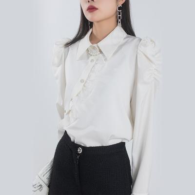 China Anti-pilling [6217] custom made casual white elegant ties contrast curved edge shirt blouse for women blouses and shirts for sale