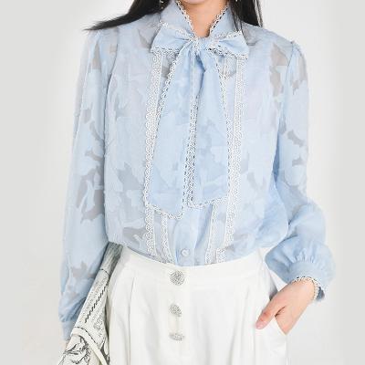 China 6212] Anti-wrinkle women [lace up blouse long sleeve beautiful floral embroidery shirt summer ladies stand up bow tie blouse woman tops chic femme for sale