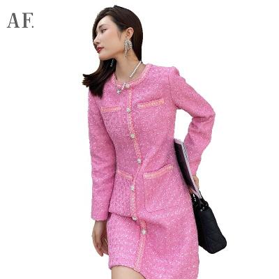 China Anfeiouna Fashion Vintage Fashion Women Clothing Pink Anti-static Long Sleeves Sequined Tweed Single Breasted Pocket Ladies Tweed Dresses for sale