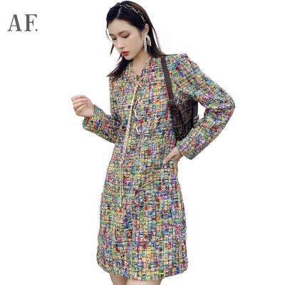 China Anfeiouna vintage anti-static women clothing color plaid patchwork dresses tweed ladies dress with chain can be customized for sale