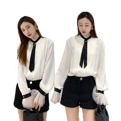 China 2021 Anfeiouna Woman Polyester Breathable Blouses Black Tie White Elegant Ladies Office Full Casual Blouses for sale