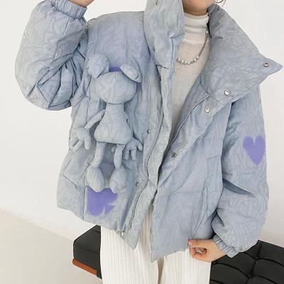 China Winter Sustainable Clothes Long Sleeve Fluffy Blue Short Thick Stripper Jacket With Light Color Printing Pattern Bear Decoration for sale