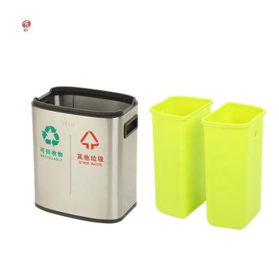 China 2 Compartment Stocked Recycling Stainless Steel Waste Bin Rubbish Bin With Cover for sale