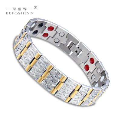 China Stainless steel+Negative ion Customize CLASSIC Logo Men's Stainless Steel Energy Stone Gold Plated Free Laser Magnetic Bracelet Wholesale your logo 68g for sale