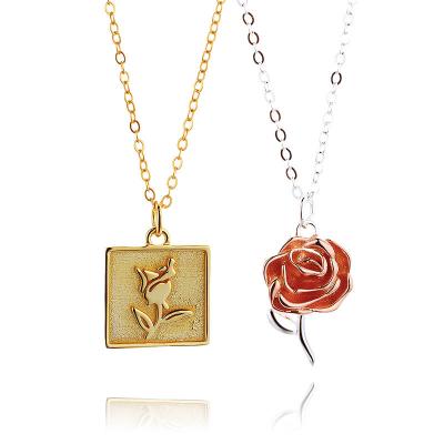 China TRENDY New Design For Valentine's Day Gift Sterling 925 Silver Gold Plated Rose Pendant Romantic Necklace Jewelry for sale