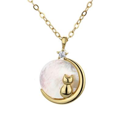 China TRENDY 925 Sterling Silver Lovely Cat Animal Jewelry  Personality Shell Crescent Moon Pendant Necklaces for sale