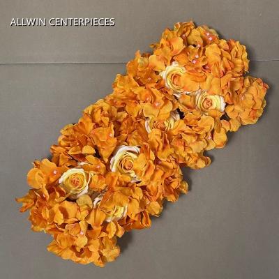 China Yellow Orange White Rose and Cloth+plastic Hydrangeas Flower Garland Panel for Wedding Table Runner Decorations for sale