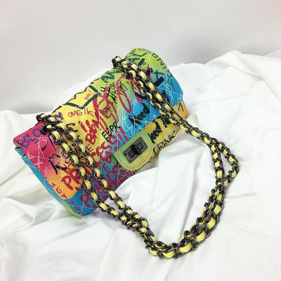 China Hot Selling New Style High Quality Ins Girl PU Leather Bags Fashion Lady Women Colorful Painted Graffiti Shoulder Bag for sale