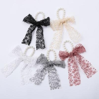 China Romantic Mesh Lace Ribbon Scrunchies Vinchas Para Cabello Girl's Temperament Women's Hair Accessories Fashion Bow Pearl Hair Tie Ropes for sale