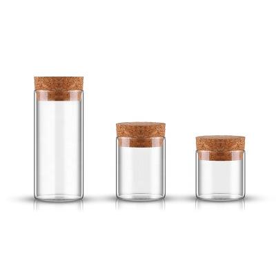 China 30ml 50ml 90ml Cosmetic Clear Borosilicate Silm Top Shape Glass Vials Food Storage Jars With Cork Stopper for sale