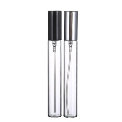 China Eco-friendly Recyclable Crimp Neck Clear Tubular Perfume Spray Bottle 10ml Glass Perfume Bottle With Black Atomizer for sale