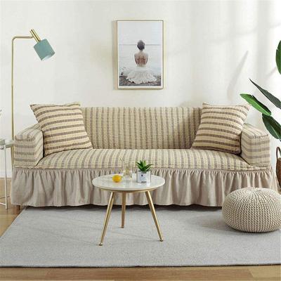 China Universal Elastic Breathable Comfort Stretch Ruffle Sofa Slipcover 1-Piece Skirt Fit Couch Cover Cotton Seersucker Armchair Furniture Protector for sale