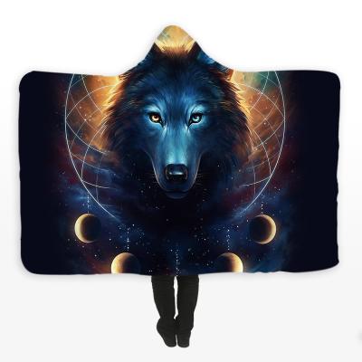 China 2019 Sale Wolf Printed 2 Plyer Hooded Anti-pilling Throw Blanket 100% Polyester Throws Warm Sherpa Wearable Hooded Custom Fleece For Winter for sale