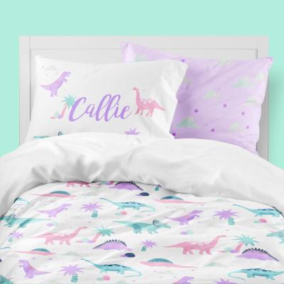 China Pink Purple Dinosaur Wearable Toddler Room Girls Comforter Aqua Queen Duvet Cover Personalized Pillowcase Bedding Twin Set for sale