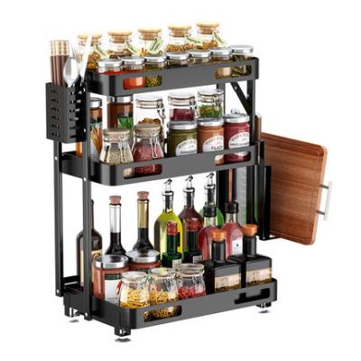 China Wall Mounted 3 Tier Sustainable Metal Jar Spice Rack Spice Sets Rack Cabinet Shelf Organizer Black for sale