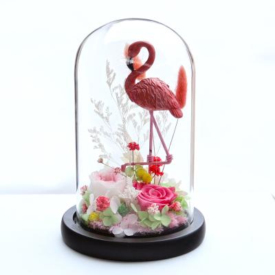 China Wholesale Preserved Celebration Flower Birthday Gift Box Preserved Rose Flamingo In Glass Dome for sale