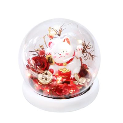 China Celebration Wholesale Price Preserved Rose Dome Preserved Flowers Fresh Rose Lucky Cat in glass dome with led for sale