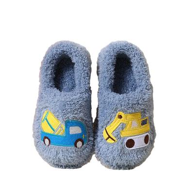 China Cartoon Wool Anti Skid Cotton Boys Soft Bottom Warm Indoor Excavator Home Truck Slippers Durable Kids' Plush Shoes for sale