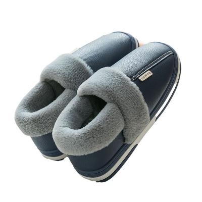 China Plush Winter Thick Bottom Anti Slip PU Men's Fashion Trend Cotton Women's Waterproof Leather Slippers Plush Indoor Home Warm Slippers for sale