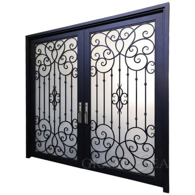 China Modern European Standard Front Entry Double Door Decorative Wrought Iron Front Double Door Arched Entrance for sale