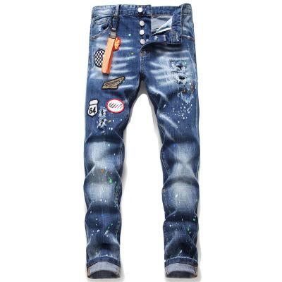 China Custom Made High Quality Straight Blue Wash Stretch Slim Fit Cotton Viable Ripped Distressed Jeans Men Jean for sale