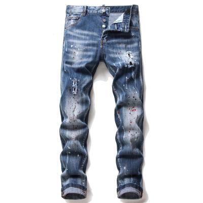 China Sustainable Custom Fashion Tapered Jeans Pants Steetwear Mens Jeans Ripped Slim Paint Pants Stretch Denim Pants Jeans for sale