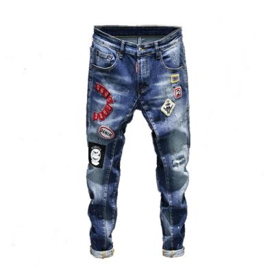 China Mens Viable Custom Jeans Pants Running Lot Denim Breeches Jeans Hole Patch Splatter Ink Badge Aberdeen Embroidered Straight Stretch Jeans Men for sale