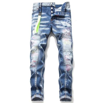 China Linghang Sustainable Fashion OEM Custom Light Blue Fringed Mens Ripped Jeans Biker Jeans Man Jeans Denim Pants for sale