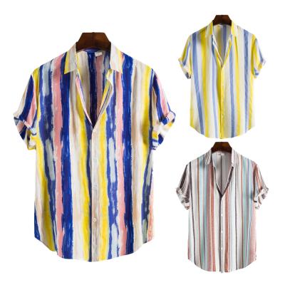 China 2021 Summer Rainbow Stripe Shirt Fashion Printed Anti-Shrink Casual Beach Shirt Men's Short Sleeve Shirt Latest Loose for sale