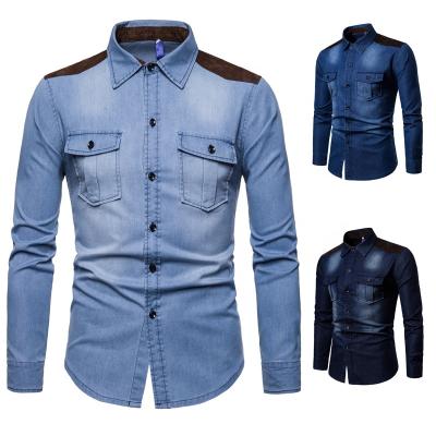 China Solid Color Collar Turn-Down Sleeve Men Jeans Casual Popular Denim Shirt Breathable Hot Selling Long Jeans for sale