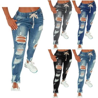 China 2022 Stretch Women's Elastic Waist Women's Stretch Breathable Lace-Up Slim Leg Gaiters Ripped Denim Pants for sale