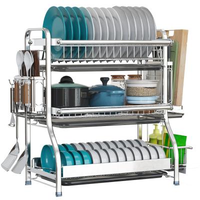 China New Style Stainless Steel 3 Tier Dish Rack Kitchen Storage Dish Drying Rack Multifunctional Stocked With Cutlery Rack Fast Delivery for sale