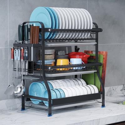 China Factory Direct Supply Viable Black 3 Tier Kitchen Storage Dish Rack Stainless Steel Dish Drying Rack With Cutlery Rack Fast Delivery for sale