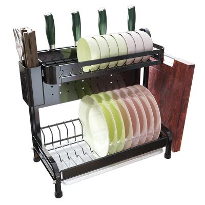 China Sustainable Commercial Dish Drying Rack With Drainer And Hooks Black Stainless Steel 2-Tier Liner, Dish Rack With Utensil Holder for sale