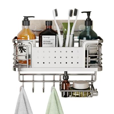 China Minimalist Stainless Steel Bathroom Storage Shelf No Drilling Wall Mounted Shower Basket With Hooks Shower Caddy Bathroom Organizer for sale