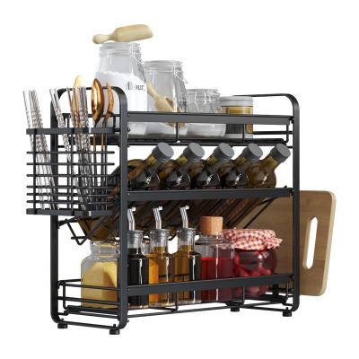 China Wholesale Stocked Kitchen Countertop 3-Tier Stand Storage Organizer with Side Storage Container for Buffet, Black for sale