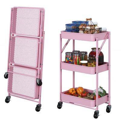 China Wholesale Modern 3-Tier Folding Mobile Storage Organizer Kitchen Storage Car with Wheels, for Kitchen, Bathroom, Office (Pink) for sale