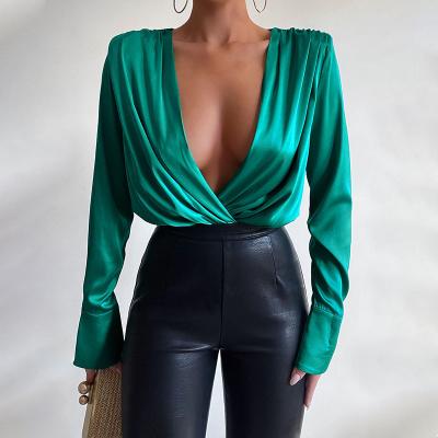 China Sustainably Sexy DeepV Shoulder Padded Pleated Long Sleeve Shirt Jumpsuit for sale