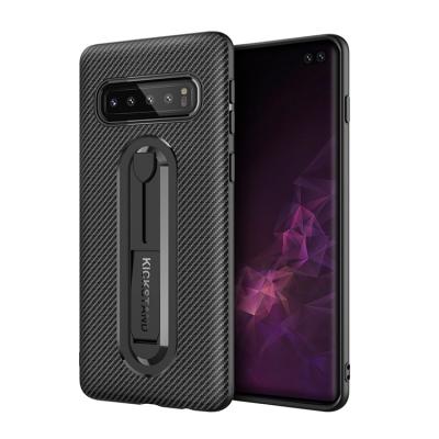 China Newest Design Carbon Fiber Shockproof Mobile Phone Back Cover With Hidden Kickstand For Samsung Galaxy S10 Case for sale