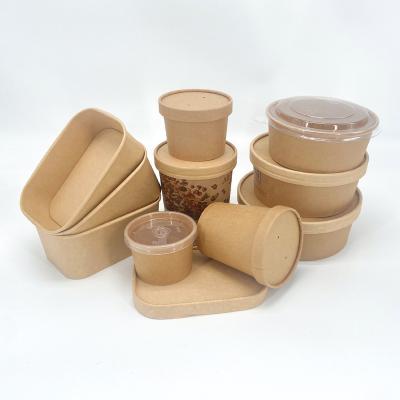 China Customized Printing Biodegradable Kraft Paper Salad Bowl Soup Cup With PET Rectangular Lid Paper Lid Bowl for sale