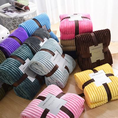 China New Style Anti-static Magic Coral Fleece Solid Color Stripe Flannel Vertical Border Blanket for sale