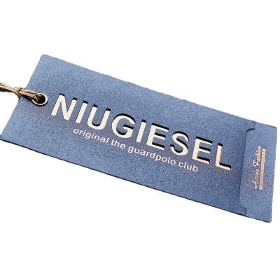 China High End Clothing Custom Heavyweight Paper Hang Tags For Jeans , Eco Friendly Rose Blue Gold Art Paper Hang Tags for sale