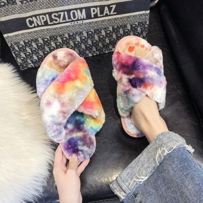 China Colorful Logo Raccoon Fur Slipper Eva Furry Lightweight Custom Indoor Sole Slides Sandal For Women for sale