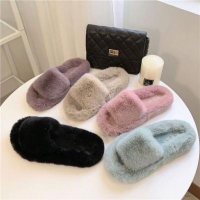 China Cheap Luxury Anti-Smell Bunny Furry Faux Fur Slides For Ladies,Wholesale Women Slippers Flat Furry Plush Lace Up Fur Indoor Slides for sale